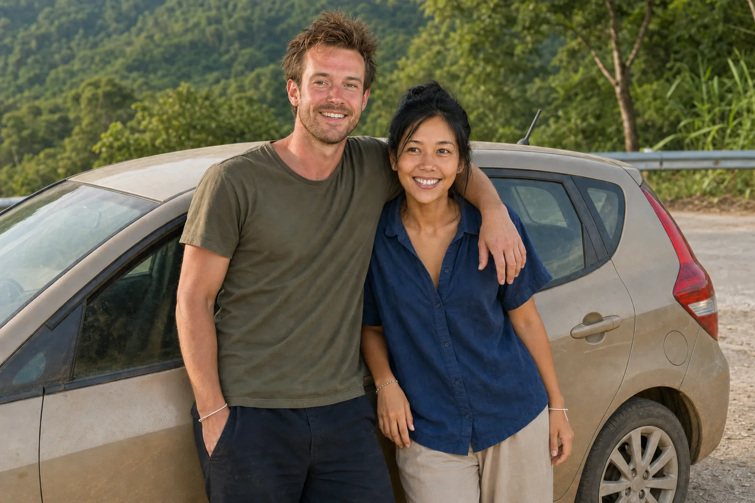 Alex and Jey standing together against their dusty tea-coloured car, sunburnt and smiling, early on the drive