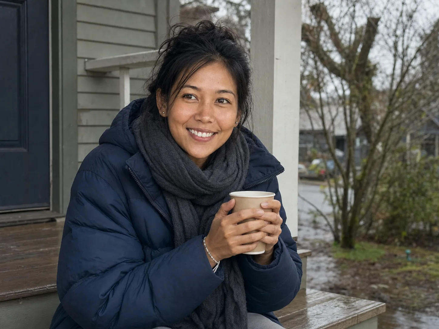 Jey bundled in a borrowed coat on a grey Oregon day, unmistakably not at home in the cold