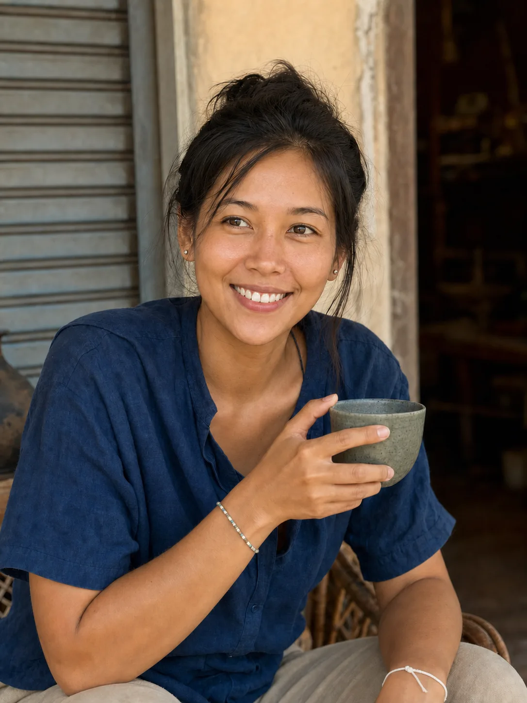 Jey, dark hair tied up with loose strands, half-length portrait on the trip holding a grey-green handmade cup, string on her wrist
