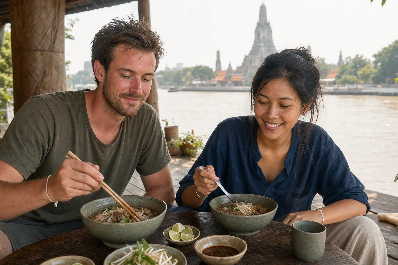 Alex and Jey eating boat noodles at a riverside table in Ayutthaya, a temple prang rising across the water