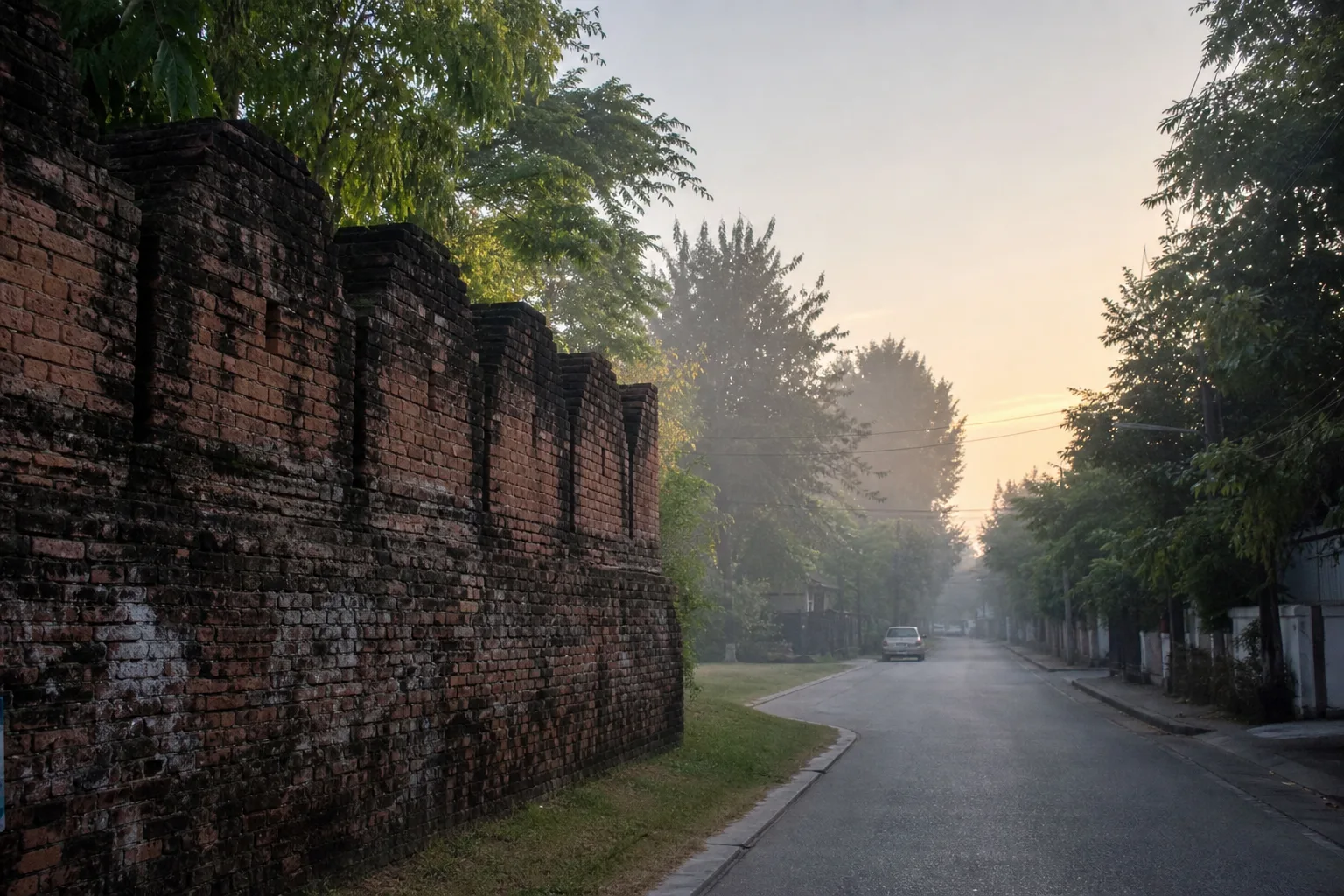 A misty Chiang Mai old-city lane at dawn beside the weathered brick moat wall, a small car far down the empty road