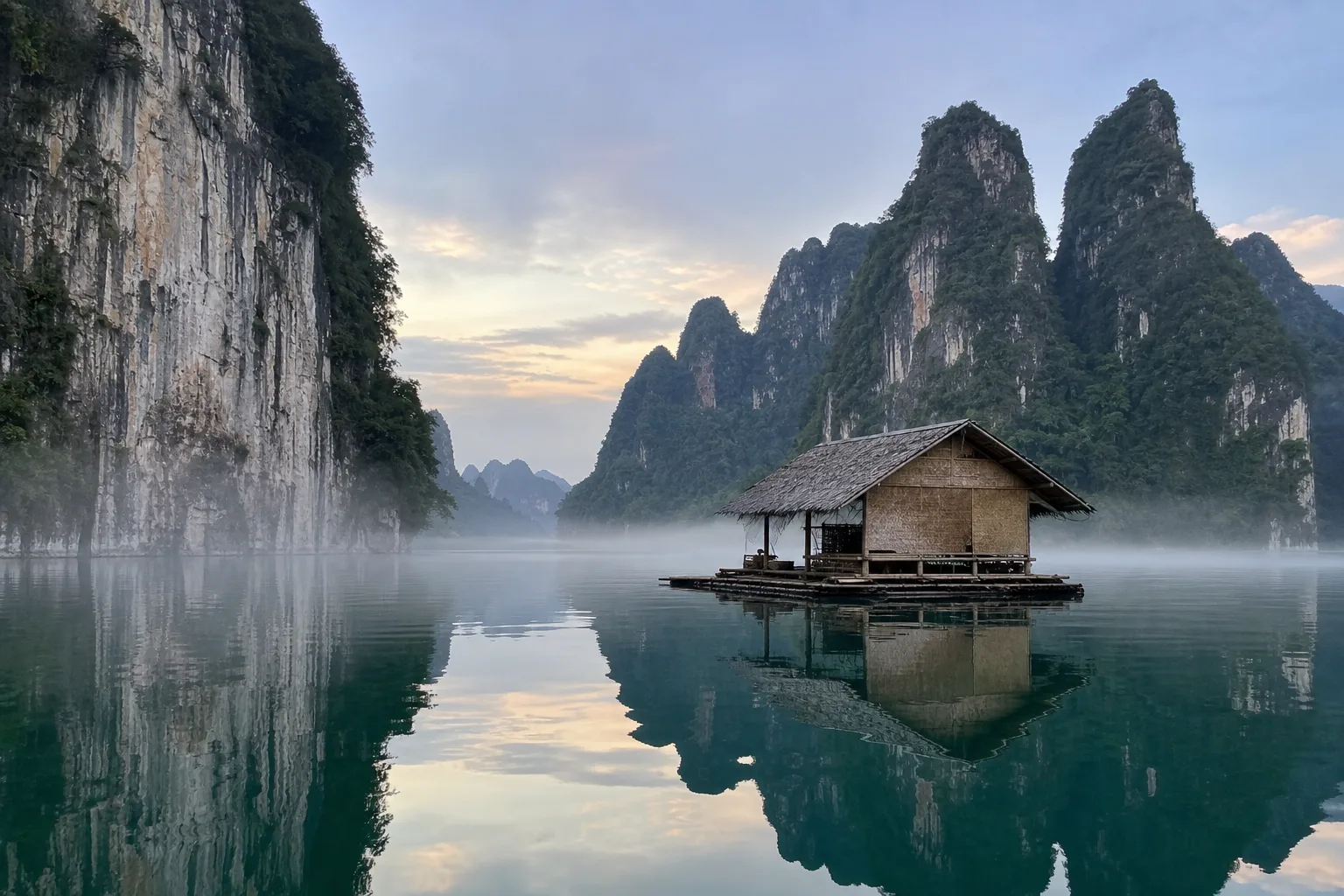 A floating bamboo bungalow on the still green water of Cheow Lan lake at dawn, limestone karsts mirrored below low mist