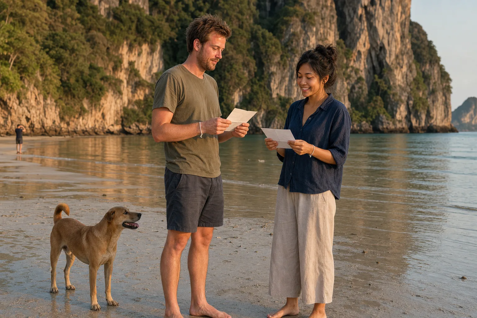 Alex and Jey barefoot at the water’s edge on Railay beach at golden hour, each reading a folded letter, a beach dog beside them and limestone cliffs behind