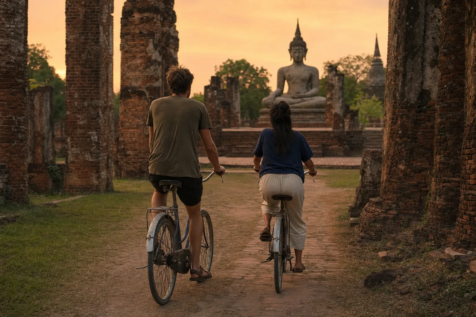 Alex and Jey cycling away from the camera toward a large seated stone Buddha among Sukhothai’s brick ruins at orange dusk